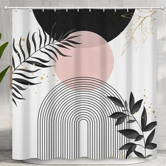Boho Mid Century Shower Curtain, Black Pink Modern Minimalist Abstract Geometric Gold Plant Leaves Sun Arch Bathroom Curtains Waterproof Fabric Buthtub Curtain Set with Hooks 36" Wx72 L