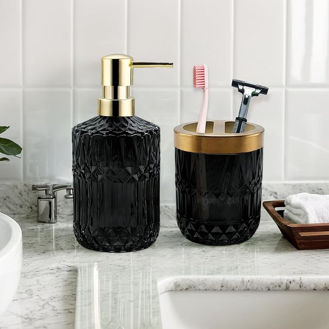 2Pcs Black Bathroom Accessories Set, Glass Bathroom Accessories, Vintage Bathroom Countertop Decoration Includes Soap Dispenser, Toothbrush Holder