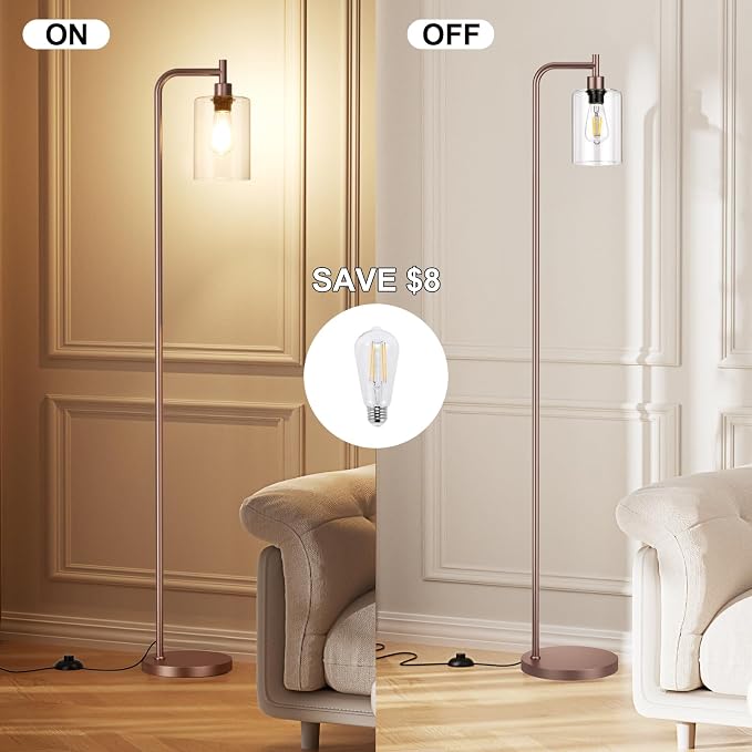 Ziisee Floor Lamps for Living Room - Industrial Standing Lamp with Glass Shade, Modern Floor Lamp with LED Bulbs, Farmhouse Floor Lamp for Bedroom, Tall Lamp for Office - Brown