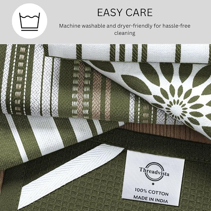 Assorted Kitchen Towels 16x26 Inch 100% Cotton Set of 5 - Dish Cloths Towels with Hanging Loop - Soft Absorbent Washable Tea Towel for Kitchen - Quick Drying Dish Towel Green