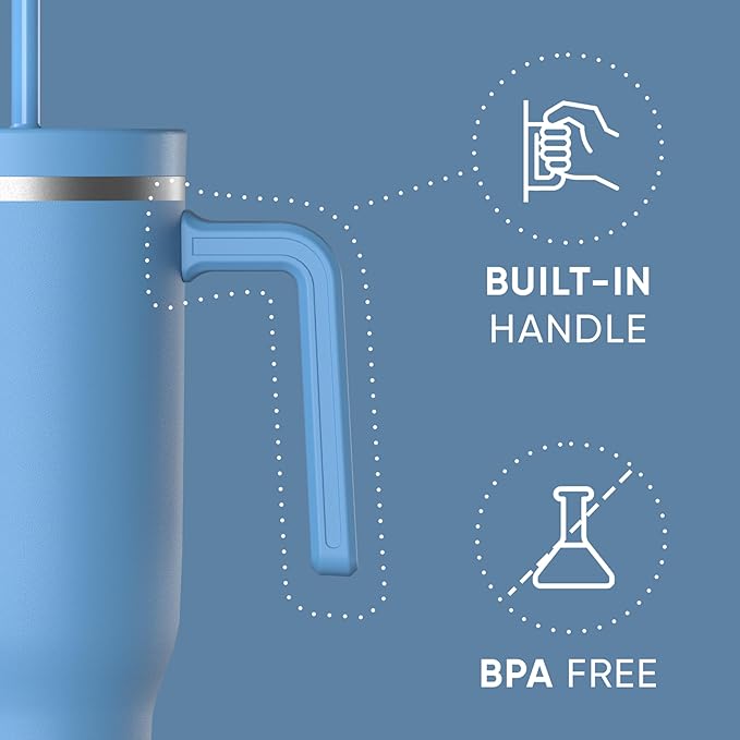 Hydrapeak Voyager 40 Oz Stainless Steel Tumbler with Handle, Insulated Water Bottle With Straw & Lid, Cupholder Friendly Reusable Travel Mug (Maya)