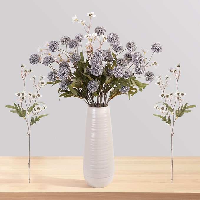 8PCS Blue Fake Flowers Artificial Chrysanthemum Faux Mums Matching 2PCS White Daisy Faux Flowers for Vase Fall Long Stems Flower Silk Flower for Home Decoration Wedding Decor,20.5In,No Vase