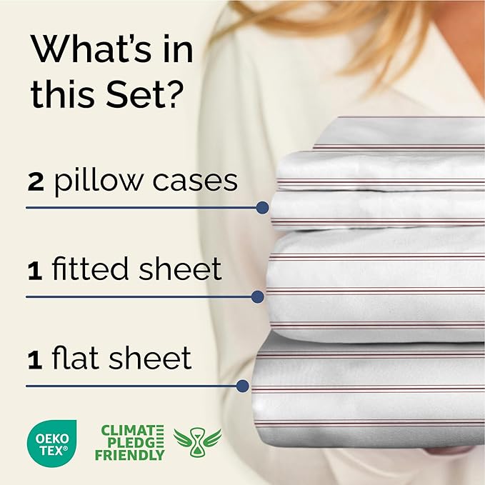 Striped Sheets - Red & White Striped Sheets - 1 Flat & 1 Fitted & 2 Pillowcases w/ Deep Pockets – Wrinkle & Fade Free - Ultra-Soft, Breathable & Cooling – Luxury Pinstripe Bedding - King Size Bed Set