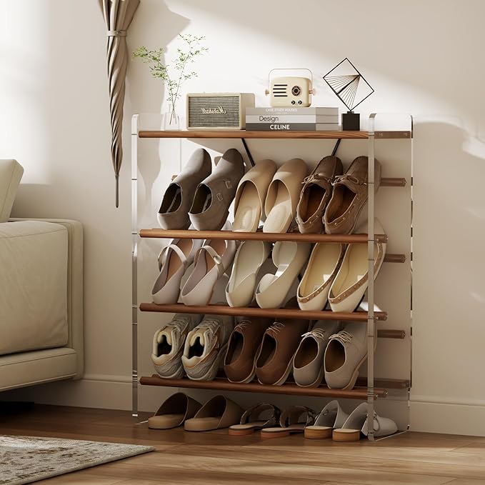 YQJJGL Free Standing Shoe Rack & Closet Shoe Shelf, for Entryway Small Space, Front Door, Garage, 4-Tier Slanted, Solid Wood & Acrylic Frame with Top Shelf Storage