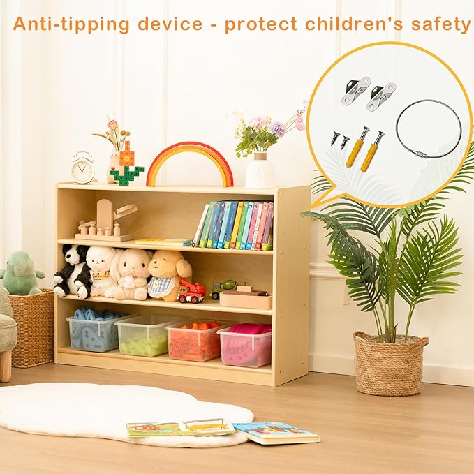 Wooden Kids Bookshelf and Toy Storage Organizer, 3-Tier Montessori Shelf, 30in Storage Cabinet for Kids, Birch Bookcase Book Shelf for Kids Room, Nursery, Classroom, Playroom - Natural