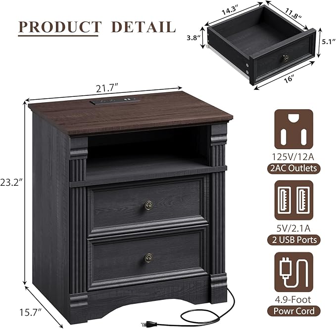 Black Nightstand with Charging Station, Side Table Storage Cabinet with 2 Drawers and Chic Wood Pilasters Design, Farmhouse Wood Bedside Table & End Table with Metal Handles for Bedroom, Living Room
