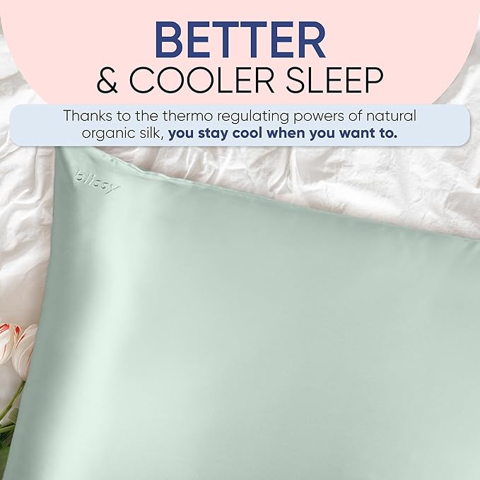 Blissy Silk Pillowcase - 100% Pure Mulberry Silk - 22 Momme 6A High-Grade Fibers - Silk Pillow Cover for Hair & Skin - Regular, Queen & King (Matcha, Standard)