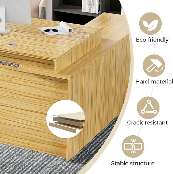 Modern L-Shaped Executive Desk，Office Desk with Spacious Desktop,Large Storage, Wood Construction,Cable Management for Home and Office (Light Walnut/Left Cabinet, 78.7" L*31.5" W*29.5" H)