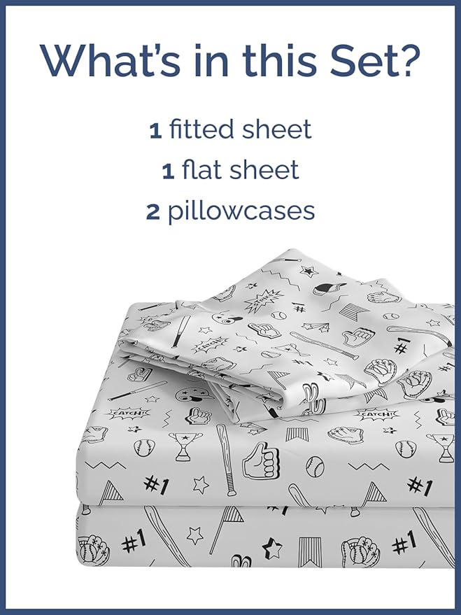 Kids Baseball Full 4 Piece Sheet Set - Boys, Girls, Teens, Toddler - Easy Fit Deep Pockets - Breathable, Hotel Quality Bedding Sheets - Machine Washable - Wrinkle Free - Cute, Cozy, Soft - CGK Linens
