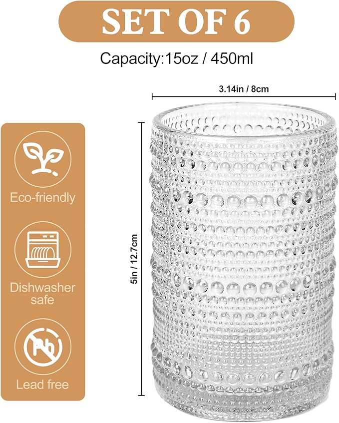 ZMOWIPDL Vintage Glassware Drinking Glasses Set of 6,15 oz Hobnail Glass Cups,Embossed Clear Water Tumbler,for Beer,Cocktail,Whiskey,Juice and Various Mixed Drinks- 1 Cleaning Brush