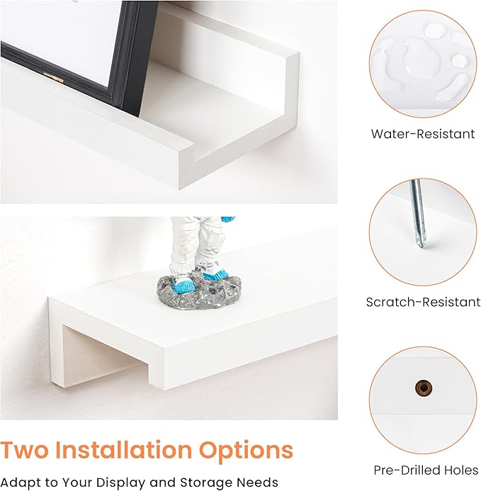 RICHFOCUS Picture Ledge Shelf, 16 inch Floating Shelves Set of 2, Wood Wall Shelves with Lip, Wall Decor Storage for Bedroom Living Room Bathroom Kitchen Nursery Photo Picture, White