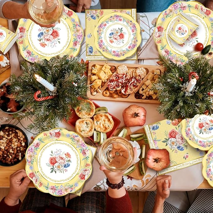 140Pcs Tea Party Decorations Tableware Set Floral Plates and Napkins for Birthday Party, Baby Showers, Bridal Showers, Wedding Bachelorette Party Supplies Floral Tea Party Plates, Serves 20 (Yellow)