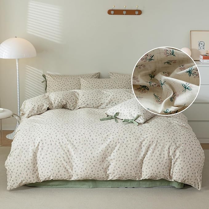 Vintage Style Duvet Cover Queen 100% Cotton Green Floral Print Duvet Cover Flower Botanical Bedding Sets Cottagecore Floral Comforter Cover 1 Queen Floral Duvet Cover with 2 Bowknot Pillowcases