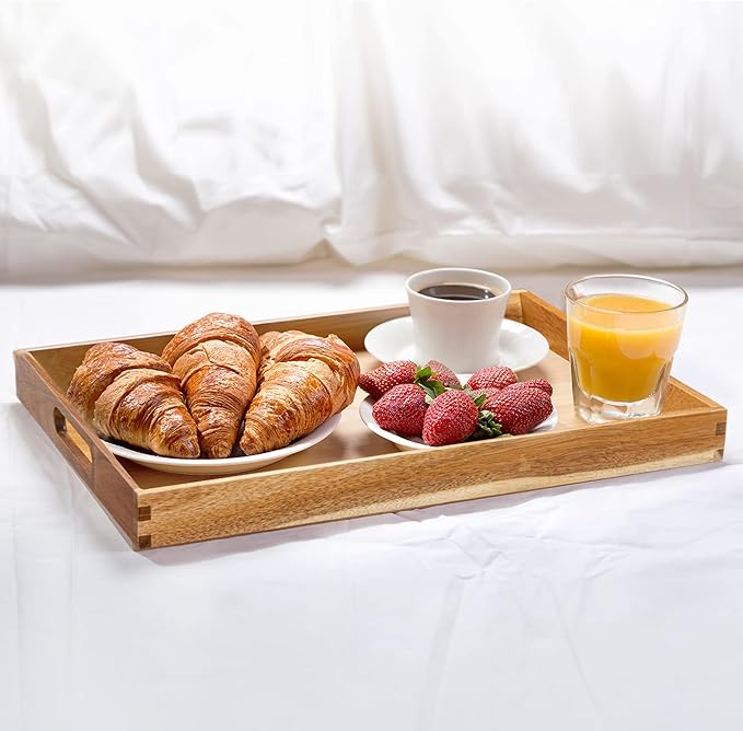 KITEISCAT 17-Inch Acacia Wood Serving Trays with Handles, Set of 2 – Decorative Wooden Trays for Coffee Table, Ottoman, Living Room, Breakfast & Appetizers – Sturdy & Elegant Serving Platters