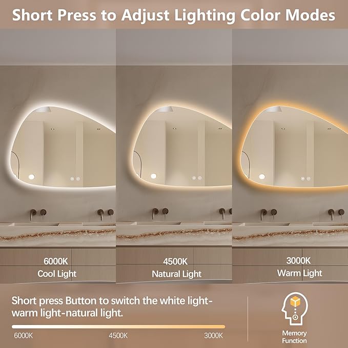 Niccy Irregular LED Bathroom Mirror, 24"x40" Asymmetrical Backlit Vanity Wall Mirrors, Frameless Lighted Mirrors for Bedroom, Living Room, Modern Smart-Mirror with Anti-Fog, Dimmable, Memory Function