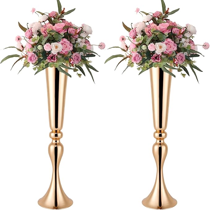 Gold Vase for Wedding Centerpiece, 2Pcs Metal Trumpet Vase 22" Tall Flower Stand for Wedding Table Centerpiece Decoration Floral Arrangement for Reception Bridal Party Decor