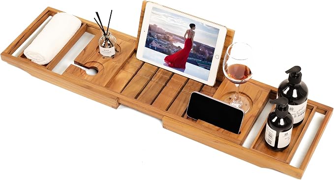 Expandable Teak Bathtub Tray - Luxury Wooden Bath Caddy & Tub Shelf, Over-The-Tub Bath Table with Book & Wine Glass Holder, Waterproof Bathroom Organizer for Spa Experience