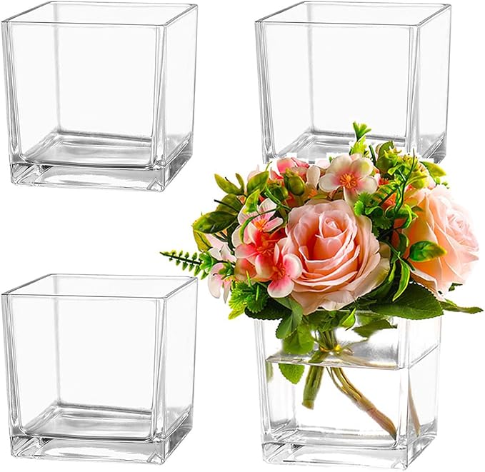 MARTAGE Square Glass Vases Set of 4, 5" x 5" x 5" Clear Flower Vases for Centerpieces, Square Vase for Flowers, Small Vase for Wedding, Party, Home Office Decoration