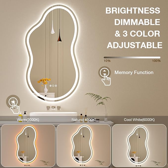 Cloud Shape Asymmetrical LED Vanity Mirror with Lights, 36"x20" Fogless Lighted Bathroom Mirror, 4mm Tempered Glass, Dimmable 3-Color & Memory Function, Wall Mounted (Horizontal/Vertical)