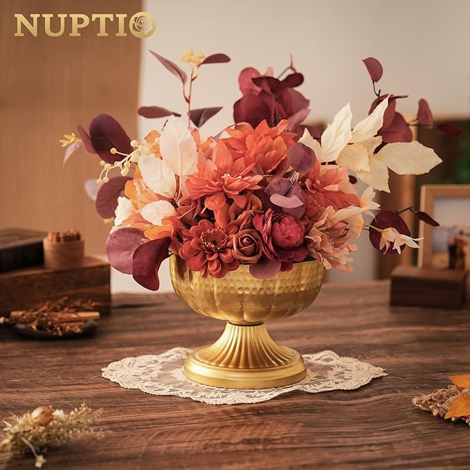 NUPTIO Gold Vases for Centerpieces Wedding: Hammered Brass Compote Vases for Small Flowers Arrangements - Metal Pedestal Bowl for Table Home Decor Set of 2