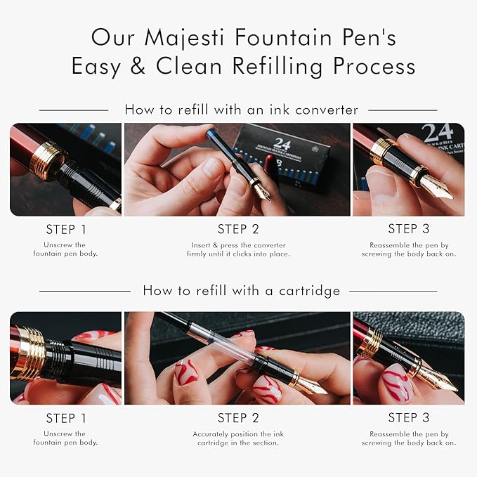 Wordsworth & Black Majesti Fountain Pen-(Gold), Luxury Case, 24K Gold Finish; 18K Gilded Medium Nib- Ink Cartridges, Refillable Ink Converter-Calligraphy Pen-Best Business Gift Set for Men & Women