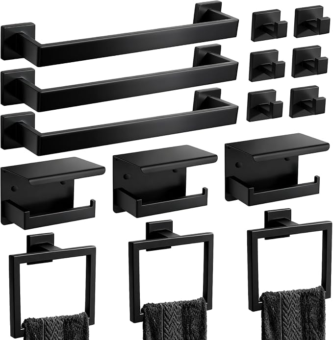 Matte Black Bathroom Hardware Accessories Set, Stainless Steel Towel Racks for Bathroom, 16 Inch Towel Bar, Towel Holders, Updated Toilet Paper Holder with Shelf Wall Mounted(15-Pieces)