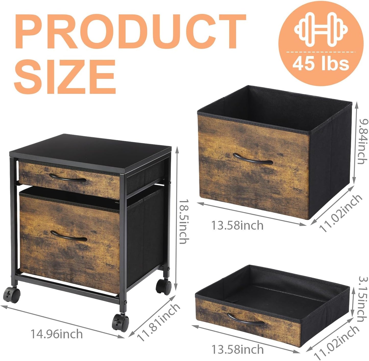 AceOrbit Rolling Mobile File Cabinet - 2 Fabric Drawers, Lockable Wheels, Rustic Brown Finish for Home Office