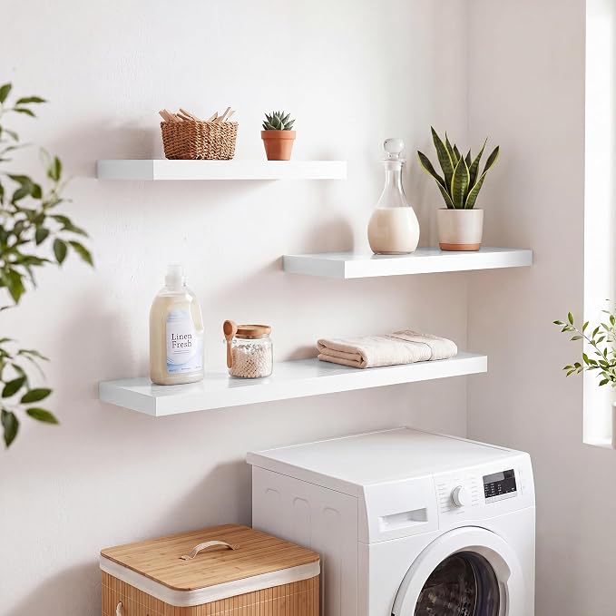 RICHFOCUS 20Inch Floating Shelves for Wall 2 Pack Shelves for Bedroom|Kitchen|Bathroom|Laundry Room Rustic Wood Wall Mounted Shelf with Invisible Brackets for Books|Storage|Decor, White