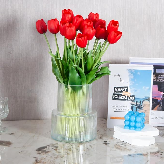 20 Artificial Tulips in Fluted Glass Vase, Waterproof Faux Flowers Bouquet for Wedding Home Office Decor, Table Centerpiece, Housewarming Birthday Gift Set (Red)