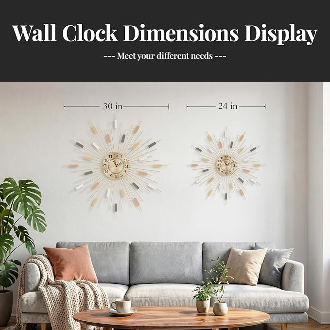 Cuspin Large Wall Clock 24 Inch, Colorful Gold Clocks for Living Room Decor, Decorative Mid Century Modern Sunburst Battery Operated Wall Clock for Bedroom, Kitchen, Office