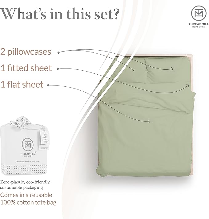 Threadmill - Twin XL Sheets Set Soft 100% Cotton Cooling Sheets Deep Pocket Snug Fit Elastic, 500 Thread Count, 3-Pc, Hotel Quality Bed Sheets, Beats Egyptian Cotton Claim (Sage)