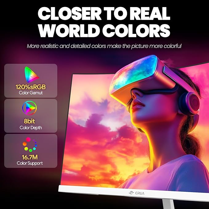CRUA 24" Curved Gaming Monitor, 165Hz/200Hz Computer Monitor, FHD 1920x1080, 120% sRGB, AMD FreeSync, Blue Light Filter, for Gaming & Office, Wall Mountable- White
