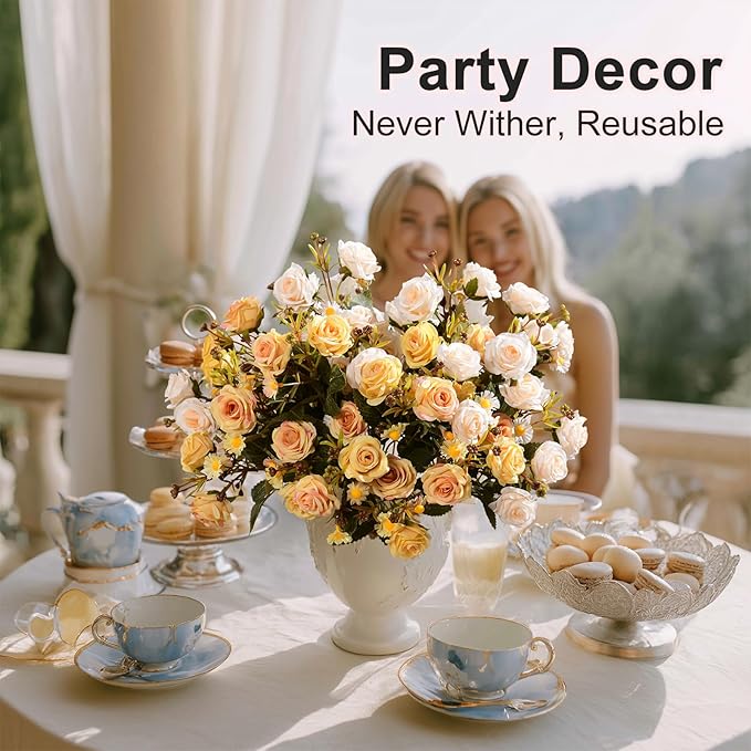 Artificial Rose Flowers for Outdoor 4 Bundles Rose Bouquet with Daisy Faux Flowers UV Resistant for Home Indoor Outside Garden Porch Window Box Balcony Yard Porch Fall Decor (White+Yellow)