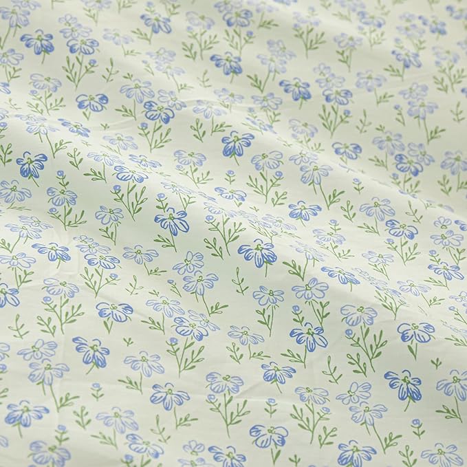 Green Floral Ruffle Comforter Set Queen Girls Cute Blue Flowers Comforter Fluffy Soft Cottagecore Bedding Set Vintage Botanical Comforter with 2 Pillowcases Romantic Lace Boho Bed Comforter Set