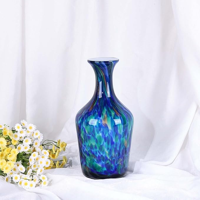 Hand Blown Glass Vase Teal Mosaic (Blue Green Splash) – Murano Inspired Art Glass Vase with Wide Mouth for Flowers, Bubble Vase, Coastal Centerpiece for Dining Room or Living Room (Blue)
