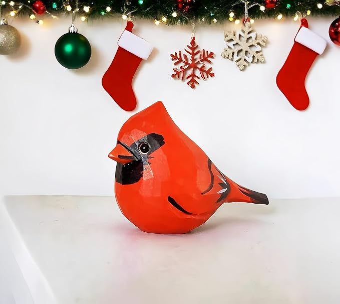 Handmade Wooden Red Cardinal Figurines, Hand-Painted Male Cardinal Birds, Decorative Wood Bird Sculptures for Home Décor, Christmas Ornaments & Unique Gifts for Bird Lovers