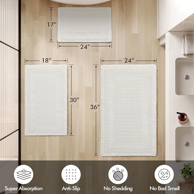 MIULEE Set of 2 Waffle Bathroom Rugs, Boho Bath Rug Super Absorbent, Non Slip Washable Ultra Soft Rubber Backed Shower Bath Mats for Floor, Tub, Shower, Looped Design, White, 17"x24"+18"x30"