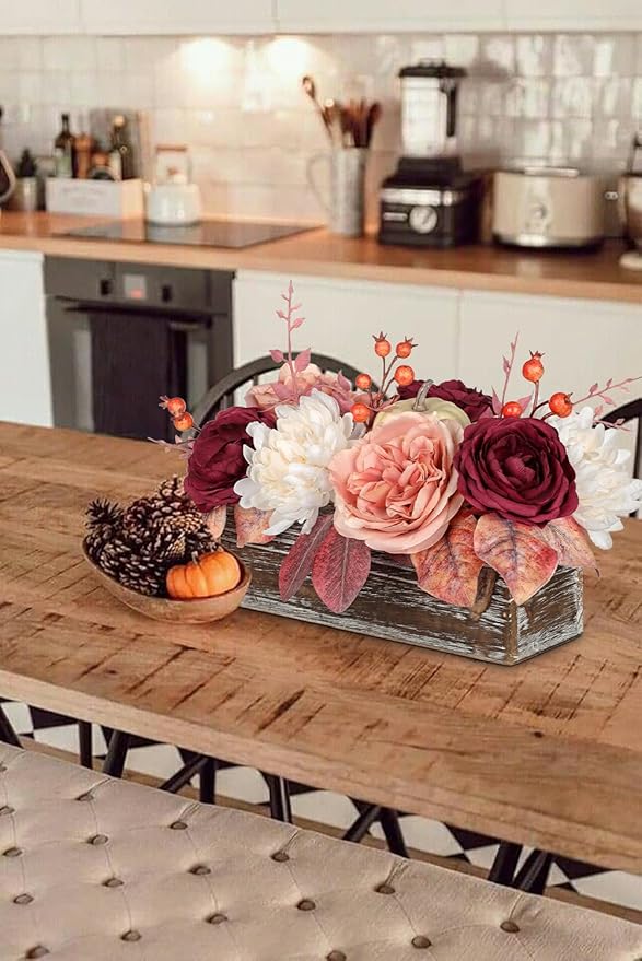 DILATATA Fall Decor Autumn Harvest Pumpkins Centerpiece - Artificial Rose Chrysanthemum Flowers Berries Arrangement in Rectangle Wooden Box for Thanksgiving Party Mantel Fall Decor