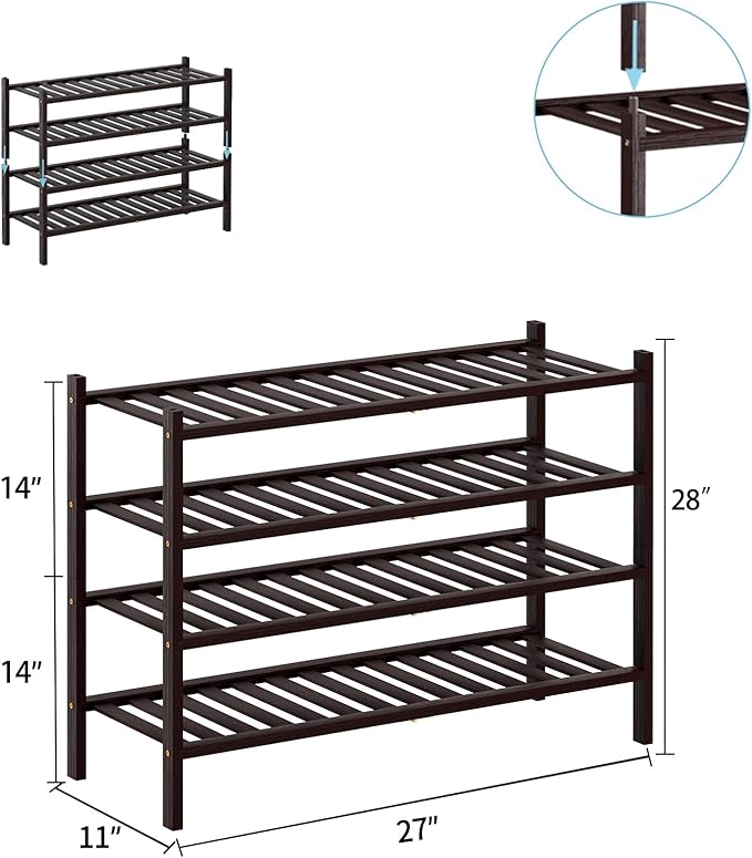RONGJlA 4 Tier Bamboo Shoe Rack for Closet Free Standing Wood Shoe Shelf Storage Organizer for Entryway Small Space Stackable, Brown
