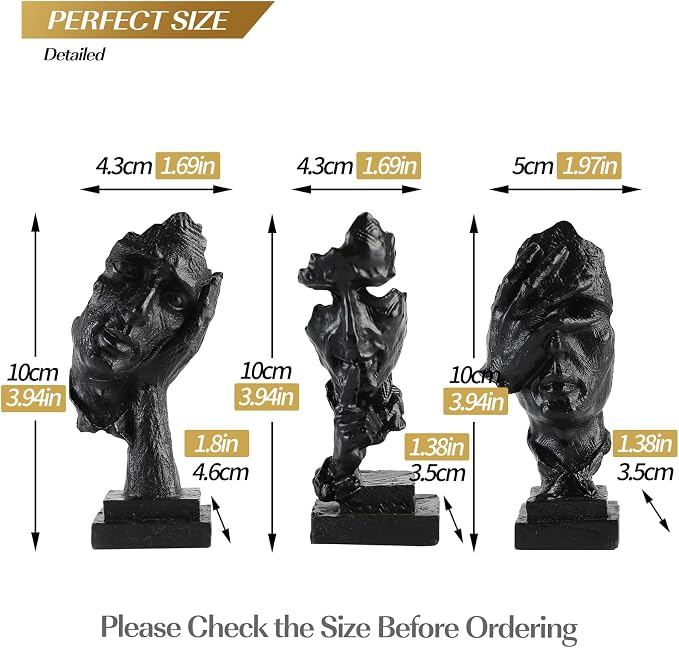 3 Pcs Thinker Small Statue Set - Black Art Abstract Decor, Modern Living Room Decoration, Knick Knacks for Shelves, Table Decor, Office Bookshelf, Gift for Friends