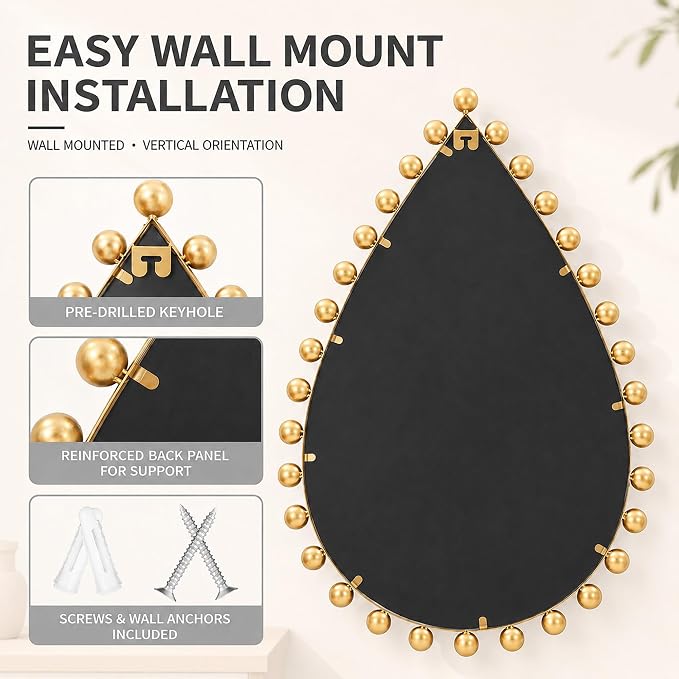 Antique Gold Teardrop Mirror Unique with Ball Frame – 24"x36" Beaded Large Decorative Ornate Wall Mirror for Bathroom, Bedroom, Living Room, Hallway