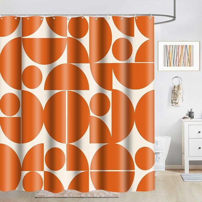 Vintage Orange Mid Century Modern Shower Curtain Boho Abstract Geometric Art Shower Curtains for Bathroom Decor 72x72 Inch 70s 80s Retro Washable Fabric Bathroom Set with 12 Hooks
