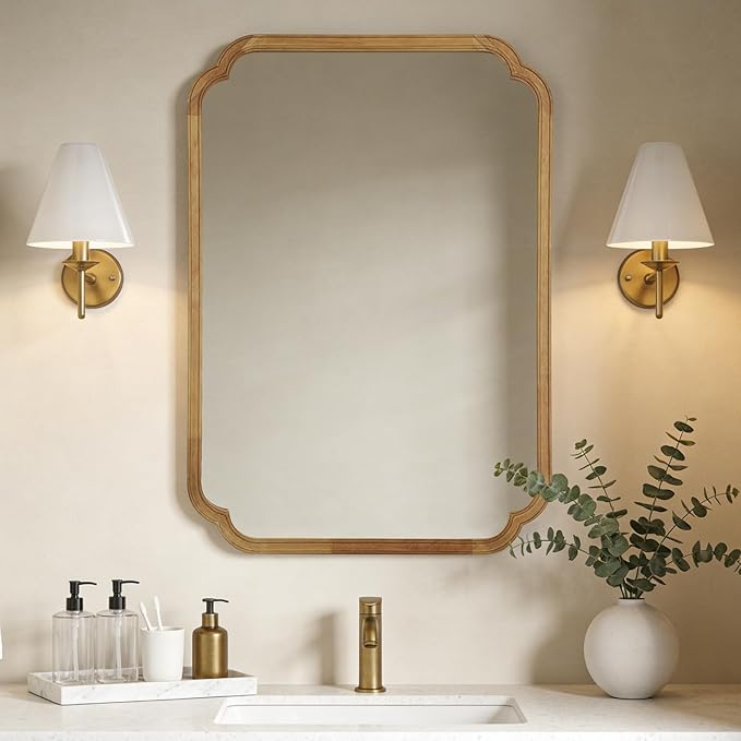 WallBeyond 28" x 40" Rounded Corner Arch Wall Mirror with Wood Frame for Entryway, Living Room or Bedroom Home Decor - Light Woodgrain [28 x 40 inches, Natural Color]