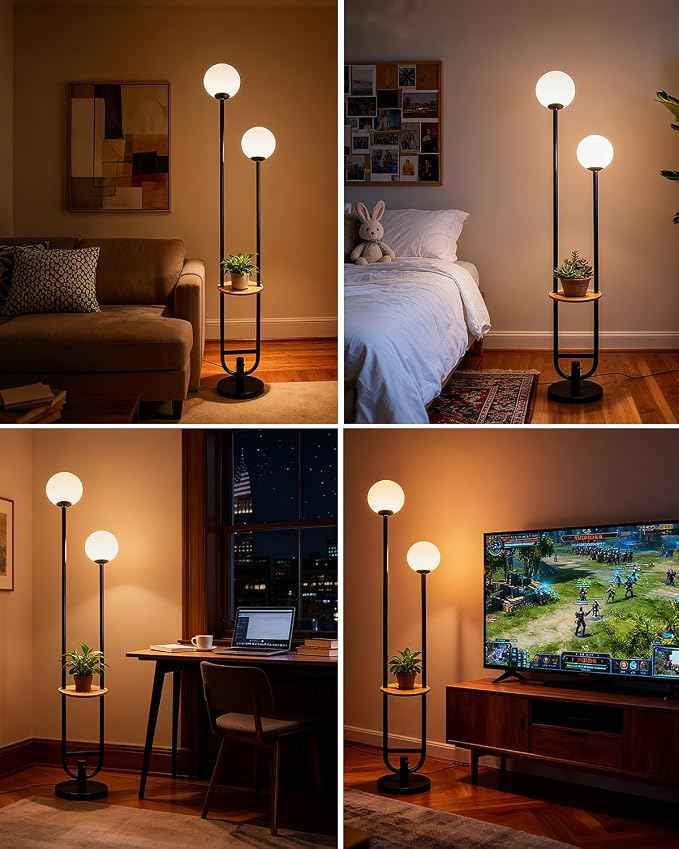 63IN 2-Globe Floor Lamp Dimmable Tall Standing Lamps with Table 3000K Warm White Unique Vintage Modern Mid Century Floor Lamp with 5Lbs Heavy Base for Living Room-Black