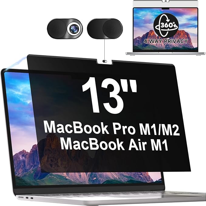Magnetic 360° Privacy Screen for Macbook Pro 13 Inch (2016-2022, M1, M2) & Air 13 inch (2018-2021, M1), Removable Anti Glare Blue Light Filter, 4 Way Anti Spy Black Protector for Mac 13In Laptop