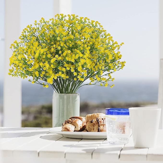 JIFTOK Babys Breath Artificial Flowers, 24 Pc Fake Flowers Gypsophila Bouquet Fall Flowers Artificial for Decoration, Real Touch Silk Flower for Wedding Christmas DIY Party Home Garden Office (Yellow)