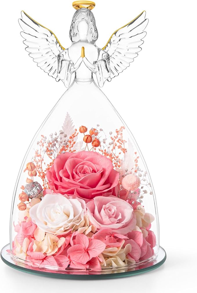 Christmas Roses Gifts for Mom,Preserved Real Flowers Roses in Glass Angel Figurines, for Grandma Women Mom Wife Mother in Law/Pink