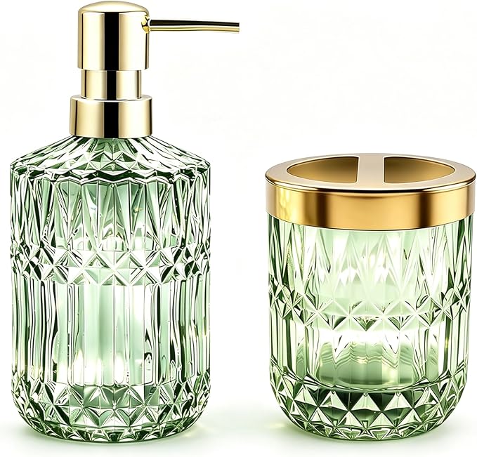 2Pcs Green Bathroom Accessories Set, Glass Bathroom Accessories, Vintage Bathroom Countertop Decoration Includes Soap Dispenser, Toothbrush Holder