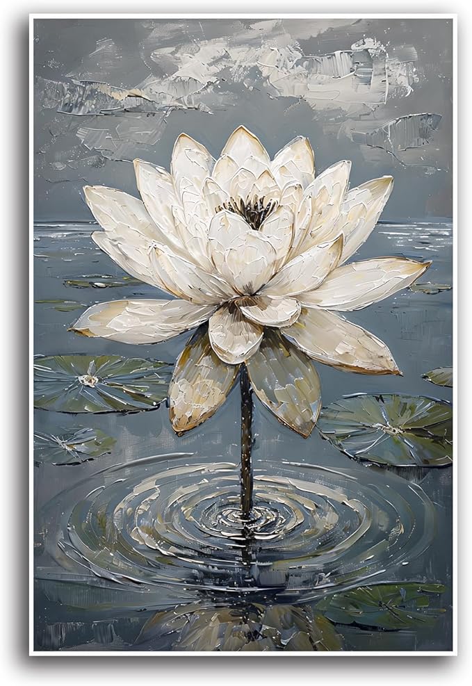 Stunning white lotus emerges from prismatic water with delicate petals background Serene aquatic wall art suitable for modern minimalist decor 28x40in Frameless