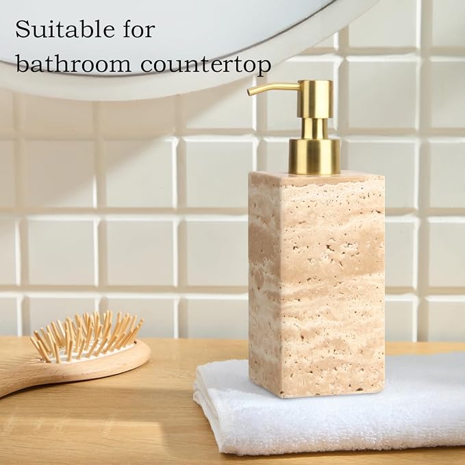 Natural Marble Soap Dispenser for Bathroom and Kitchen Countertop - 5.41 Ounces Hand Lotion and Liquid Stone Shampoo Laundry Bottle with Pump (1, Travertine, Rectangular Bottle)